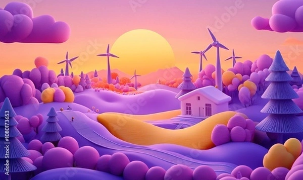 Fototapeta Vibrant 3D Animated Scene for World Environment Protection Day: Showcasing Renewable Energy in a Futuristic Setting Inspired by Nature and Technology, Emphasizing Sustainability and Environmental Awar