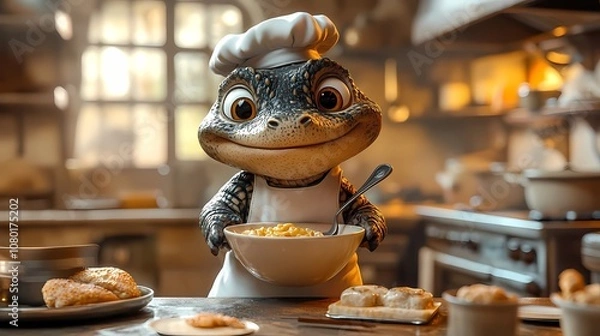Fototapeta a Cute crocodile character dressed as a chef, in a cozy kitchen, detailed apron and chef's hat	