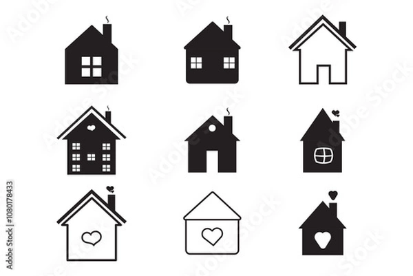 Fototapeta Big set of  house icons, collection home sign, flat style houses in outline and line design, real estate - stock vector