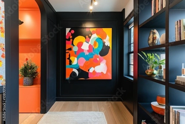 Fototapeta Modern entryway with black accents, built-in shelving, and a vibrant pop of color from a contemporary art piece.