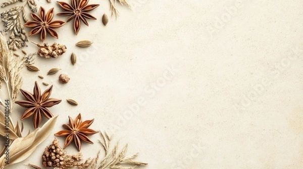 Fototapeta A decorative arrangement of spices and herbs on a textured background.