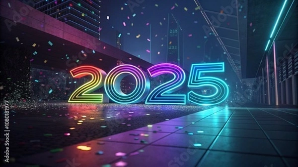 Fototapeta A stylized '2025' in glowing rainbow colors, with a cyberpunk aesthetic featuring floating holographic confetti