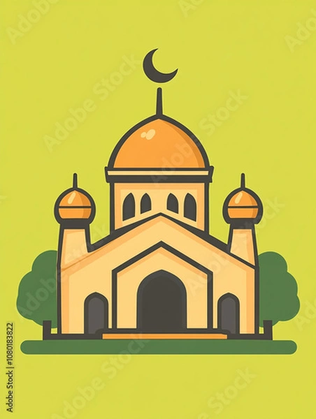 Fototapeta Illustration of a mosque with a crescent moon on top, surrounded by green trees on a green background.