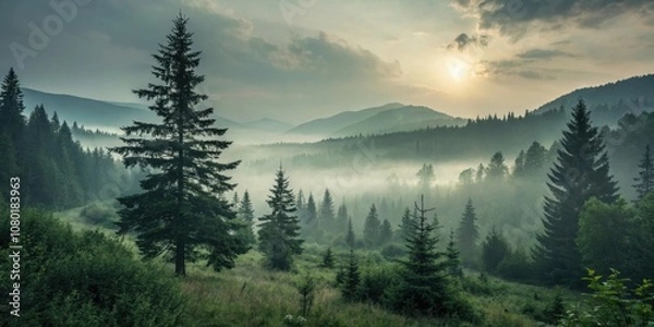 Fototapeta Misty landscape with fir forest in the morning 