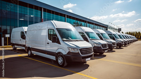 Fototapeta Fleet management background with different white commercial vans on car dealership parking.