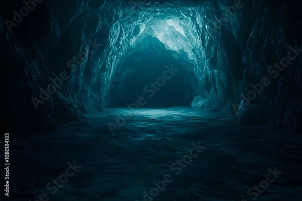 Fototapeta dark underground cave illuminated by faint natural light, showcasing rocky textures and mysterious atmosphere. tranquil scene evokes sense of exploration and wonder