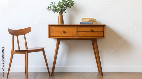 Fototapeta Stylish Mid-Century Modern Console Table With Drawers and a Charming Chair by the Wall