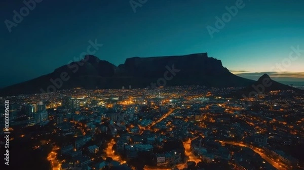 Obraz Night View of City with Mountain Silhouette