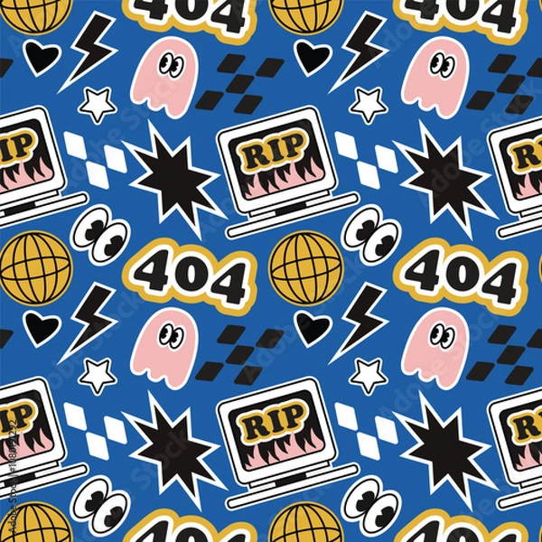 Fototapeta Vector seamless pattern with computers and y2k icons. Modern design for fabric and paper, surface textures. 
