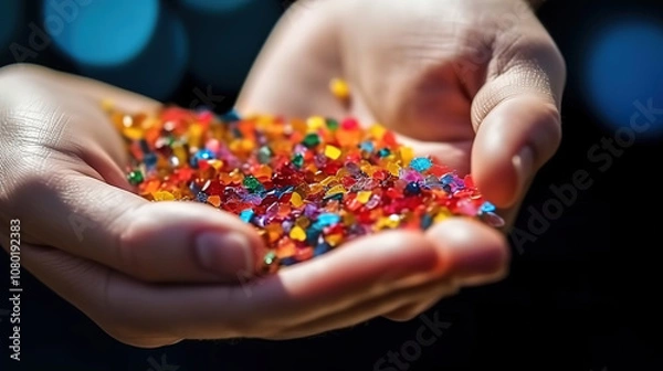 Fototapeta Superb Close up side shot of micro plastics lay on people hand