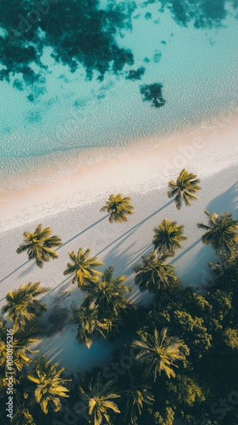 Fototapeta A relaxing beach wallpaper with soft white sand, clear turquoise water, and palm trees swaying in the breeze, bathed in warm golden light.