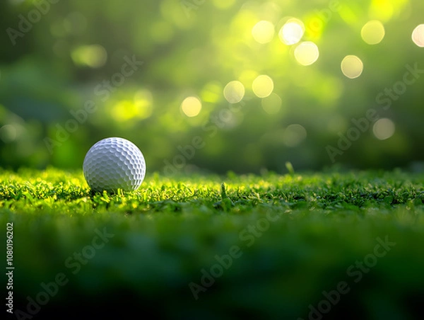 Obraz Close-up of a golf ball resting on vibrant green grass with a blurred, sunlit background. Perfect for concepts of focus, relaxation, and outdoor sports.