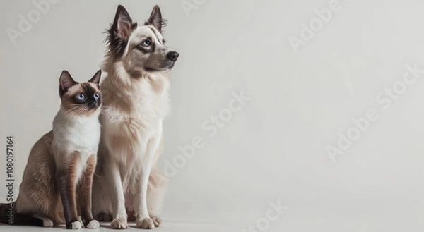 Fototapeta A dog and a cat sitting side by side against a neutral background.