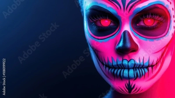 Fototapeta Close-up of person adorned with vibrant skull makeup inspired by dide los muertos, featuring pink and blue designs, dramatic eyes, and mystical backdrop.