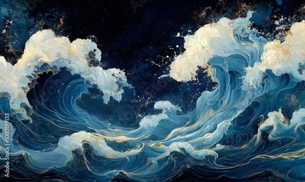 Fototapeta Graceful sea and ocean forms, curve following wave in pattern flow, flowing liquid in repeat motions, smooth japanese style with rhythmic elegant fluid lines
