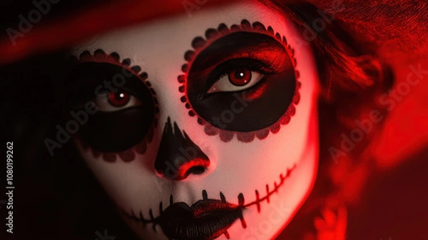 Fototapeta Close-up of woman adorned in sugar skull makeup, inspired by dide los muertos. dramatic red and black lighting enhances the mysterious atmosphere, highlighting her piercing eyes.