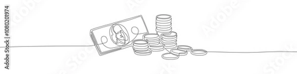 Fototapeta Money continuous one line drawing vector illustration. Coins and bill of dollar single line hand-drawn illustration