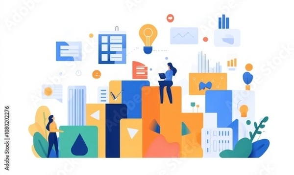 Fototapeta Dynamic business environment showcasing the concept of business agility, with symbols representing company transformation towards higher efficiency and rapid adaptation to market changes