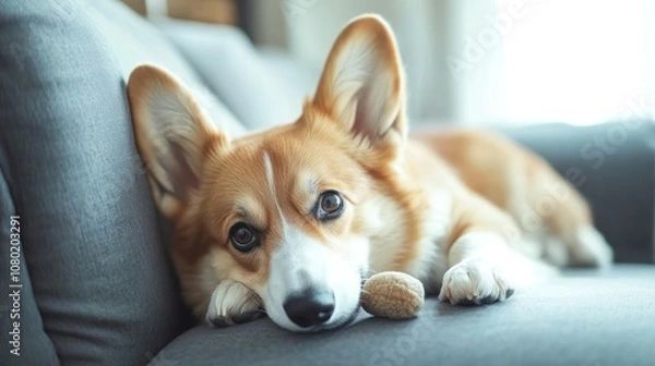 Fototapeta A relaxed corgi lying on a couch, looking curiously at the camera.