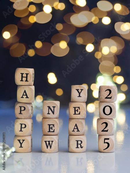 Fototapeta Small wooden blocks with the text Happy New Year 2025 against a blurred Christmas lights background