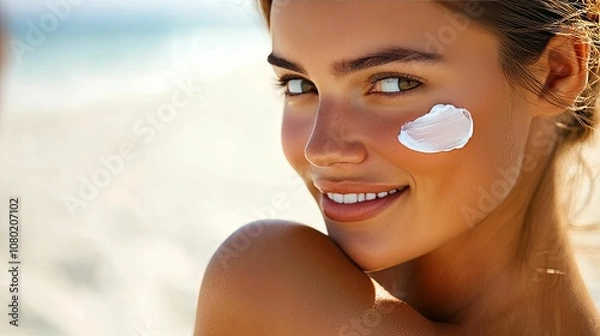 Obraz Close-up of a woman's face with a white cream on her cheek, smiling.