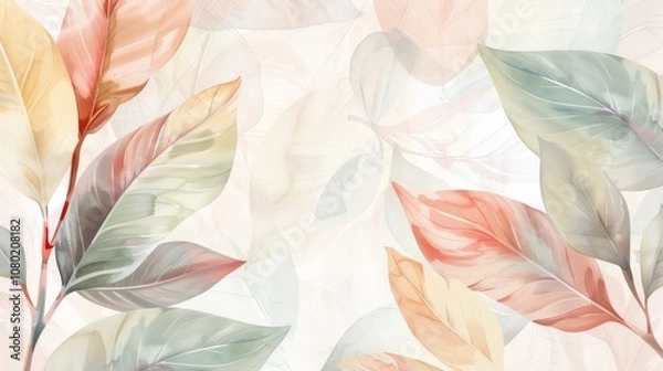 Fototapeta The design has a light and airy feel, with leaves overlapping each other and a pastel color palette.