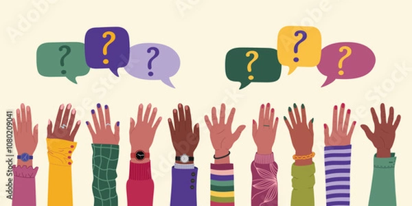 Obraz Group of multiracial people raising hands and speech bubbles with questions marks. FAQ and questions concept. Hand drawn vector vector illustration isolated on light background, flat cartoon style.