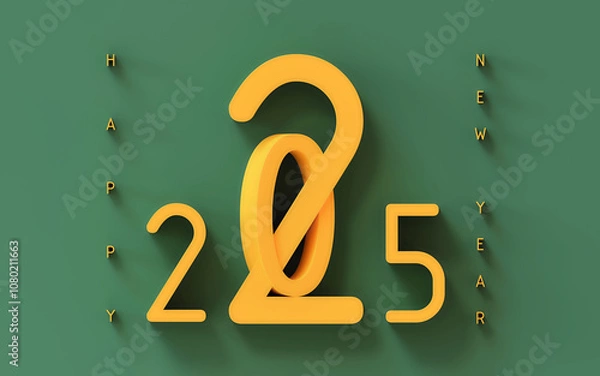 Obraz Happy new year 2025; simple golden text on green background, 3d rendering, 3d illustration