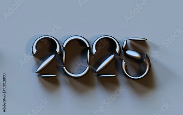 Obraz Happy new year 2025, highly reflective metallic text isolated on blue background with copy space, 3d rendering, 3d illustration