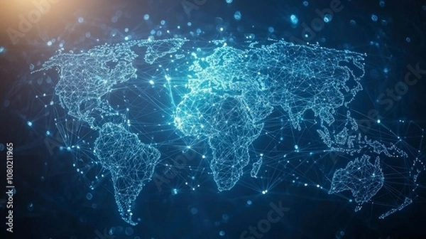 Fototapeta This image depicts a digital map of the world with interconnected lines symbolizing global connectivity and communication in a technological, abstract style.