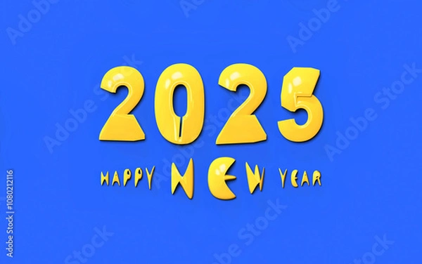 Obraz Happy new year 2025; simple creative design with bright metallic yellow text on blue background, 3d rendering, 3d illustration