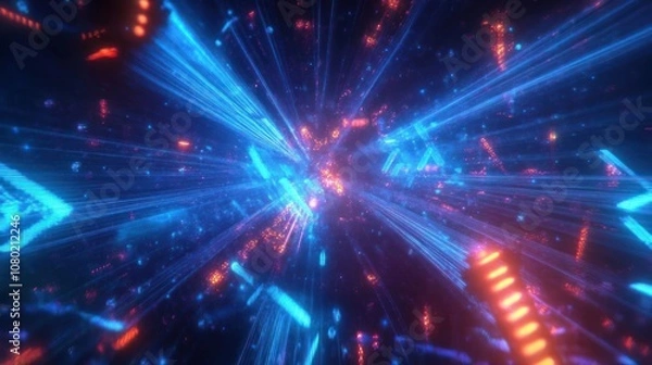 Fototapeta A vibrant, abstract representation of light beams and colors, suggesting motion through space.