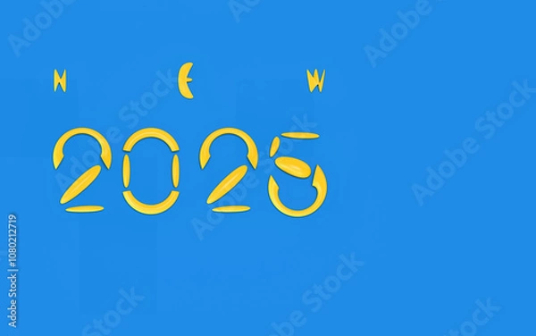 Obraz Happy new year 2025; simple bright calligraphy yellow text on blue background, 3d rendering, 3d illustration
