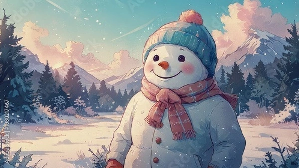 Fototapeta Winter holiday banner - Close-up of a laughing snowman in a wool hat and scarf, on a snowy landscape with bokeh lights and sunlight