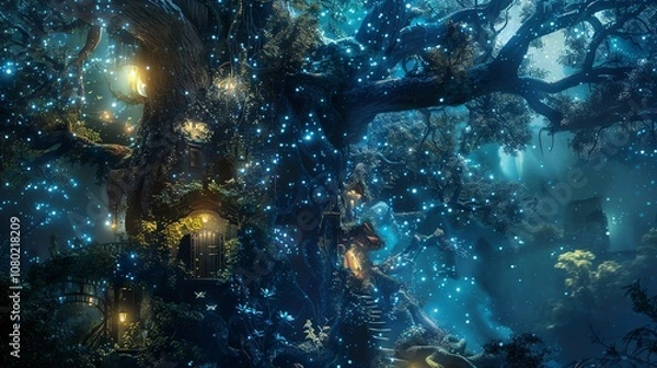 Fototapeta A magical forest with glowing flowers and fireflies at night.