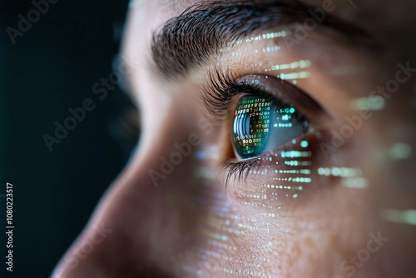 Fototapeta A close up of human eye reflecting digital data, showcasing blend of technology and human emotion. intricate details highlight connection between vision and information