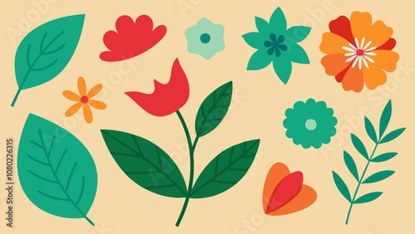 Fototapeta A vibrant collection of illustrative flowers and leaves showcases a variety of shapes and colors against a light background, perfect for spring-themed designs or artistic inspirations