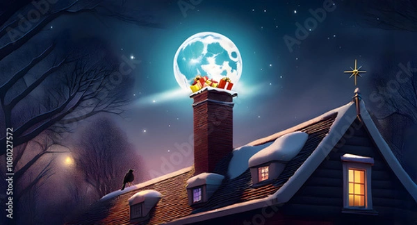 Obraz Sinterklaas evening and the presents are delivered through the chimney, we see the roof of an old Dutch house and the moon is shining through the trees, typical Dutch, AI Generated
