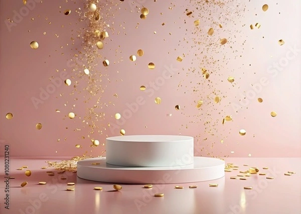 Fototapeta Minimalist White Podium with Golden Confetti on Pastel Pink Background for Cosmetic Product Display, 3D Rendering Mockup Scene for Beauty Products and Packaging