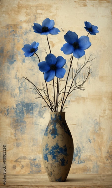 Fototapeta Ultra-realistic image featuring a dark blue flower in a vintage vase on old wood with beige textures and a grunge wall, perfect for a classic, rustic aesthetic