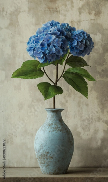 Fototapeta Ultra-realistic image featuring a dark blue flower in a vintage vase on old wood with beige textures and a grunge wall, perfect for a classic, rustic aesthetic