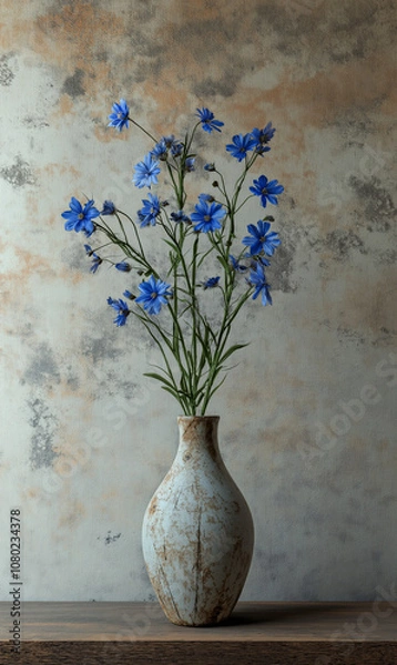 Fototapeta Ultra-realistic image featuring a dark blue flower in a vintage vase on old wood with beige textures and a grunge wall, perfect for a classic, rustic aesthetic