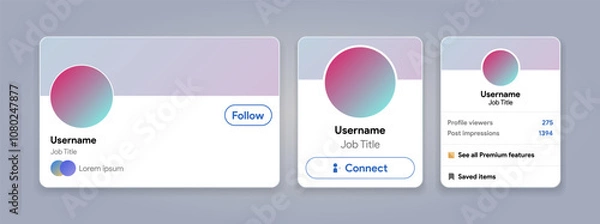 Fototapeta Linkedin account interface. Social media CV, portfolio of specialist. Career profile card with avatar and banner. Connect and follow user. Find a job or worker. Vector illustration.
