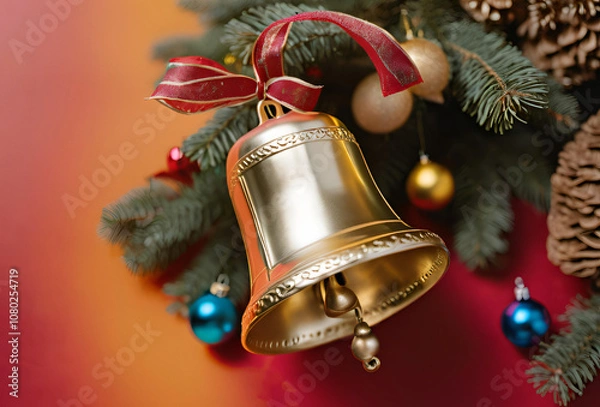 Fototapeta Golden Bell with Red Bow: A Festive Emphasis that Illuminates the Christmas Atmosphere with Charming Details.
