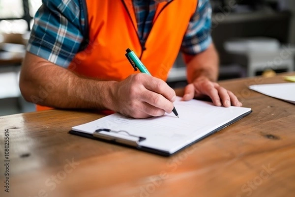 Fototapeta A man in an orange vest is writing on a clipboard