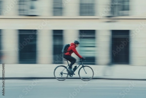 Fototapeta A man in a red jacket rides a bicycle down a street