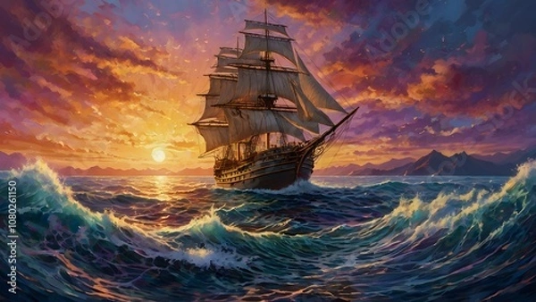 Fototapeta Sailing Into Dawn: The Majestic Schooner
