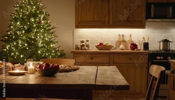 Fototapeta 
Wood table with blurry christmas tree and fireplace background with copy space 507