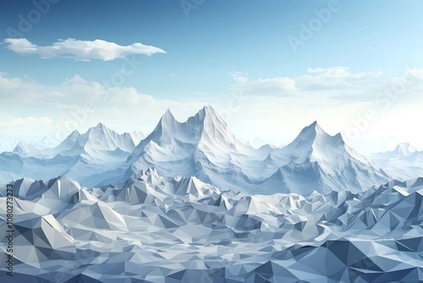 Fototapeta A low-poly, geometric, white, snowy mountain range against a light blue sky.