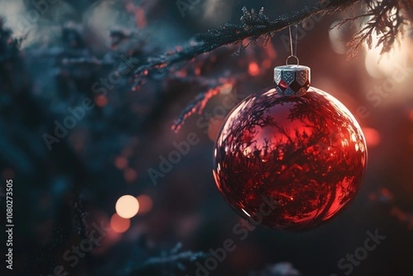 Fototapeta A bright red Christmas ornament hangs from the branches of a decorated tree
